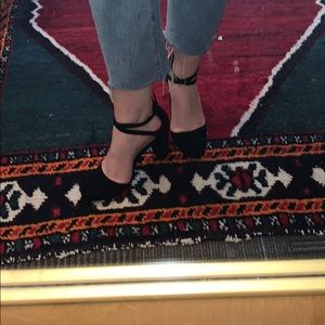 Black, block suede heels with strap detail